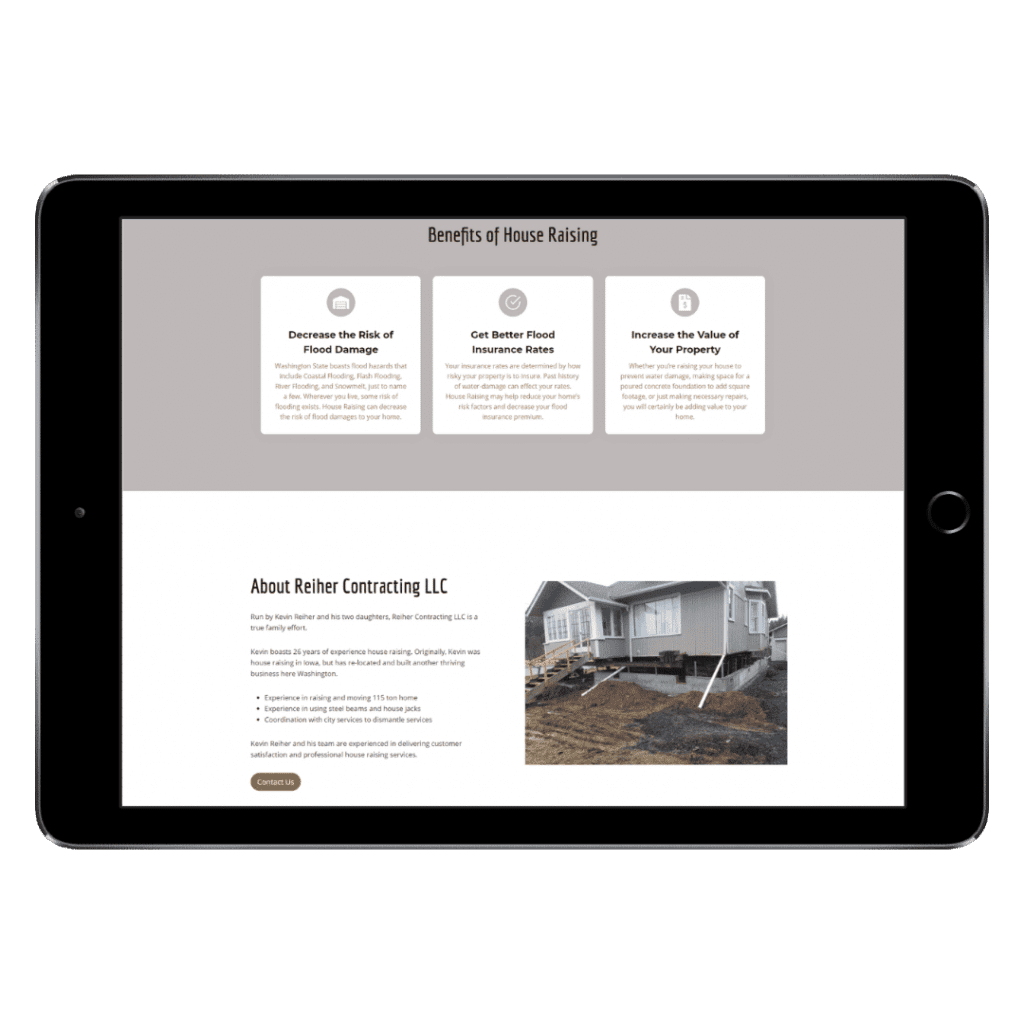Reiher Contracting - One-page Website for House Raising Business